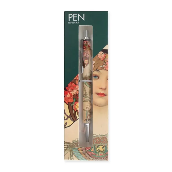 Boligrafo con caja alfons mucha, mujer con flores