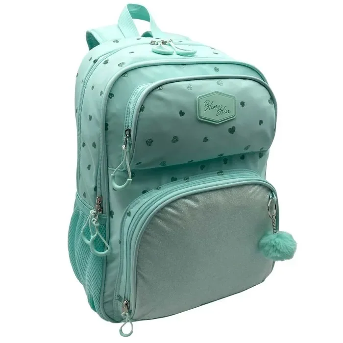 Mochila escolar doble blin blin corazones menta