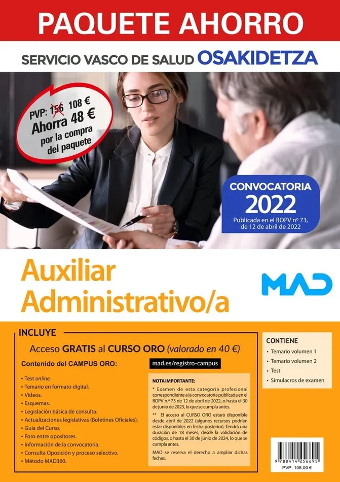 Paquete ahorro auxiliar administrativo/a osakidetza. ahorra